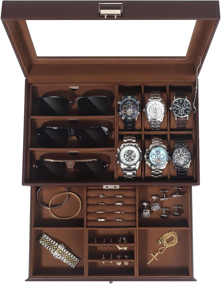Heren en dames sieradenbox met glazen deksel, 6 vakken, 2 niveaus, horloge opbergdoos met slot, ideaal als cadeau en voor het organiseren van accessoires