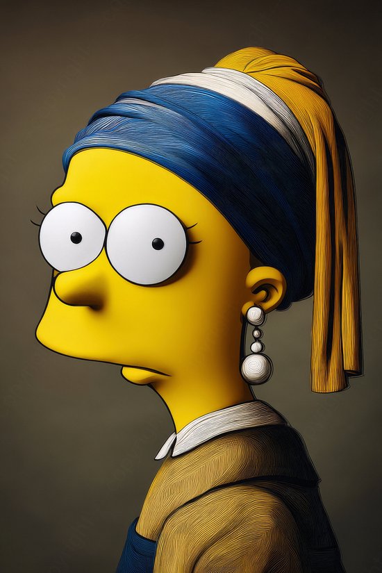 K&C Art (Glasschilderij) 60x90cm | Meisje met de parel in The Simpsons stijl - portret - grappig - humor - modern - kunst | Woonkamer - slaapkamer - hal - kantoor | Foto schilderij print op acrylglas - wanddecoratie - muurdecoratie - wall art