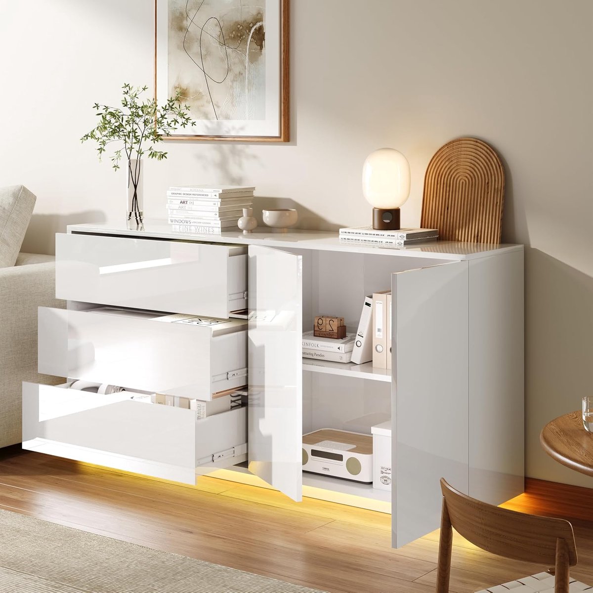 Luxe LED Dressoir 160x35x76 cm Hoogglans Wit met 2 Deuren en 3 Lades – Modern Opbergmeubel voor Woonkamer, Eetkamer en Hal