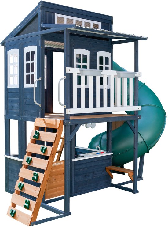 KidKraft Cozy Escape P280147E, Maisonnette de jardin en bois à deux étages (FSC) avec toboggan, cuisine pour enfants et mur d'escalade, bleu marine