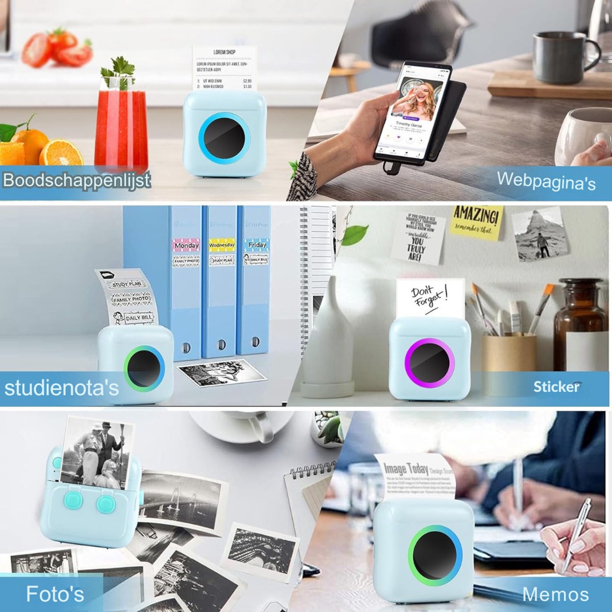 RUX® Mini Printer – Inclusief Thermisch/Zelfklevend/Etiket-Papier, USB-kabel, Aquarelpen, Transparant Sticke – Foto Printer Draadloos – Mobiele Fotoprinter - Blauw - 3cm x 8cm x 8cm thumbnail 3