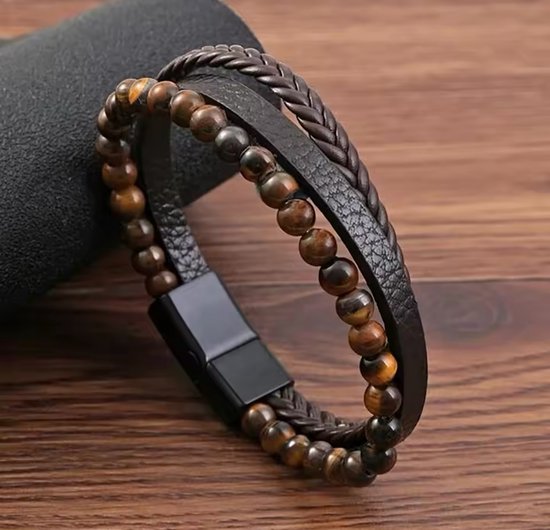 Bracelet Set Oeil De Tigre | Hommes | Fermeture magnétique | cuir et perles | Marron 21cm | Set de Bracelets | Cadeau pour lui | homme d'anniversaire