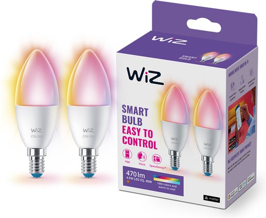 WiZ Kaarslamp 2-pack - Gekleurd en Wit Licht - Slimme LED Verlichting - E14 fitting - 40W - Mat - Wi-Fi