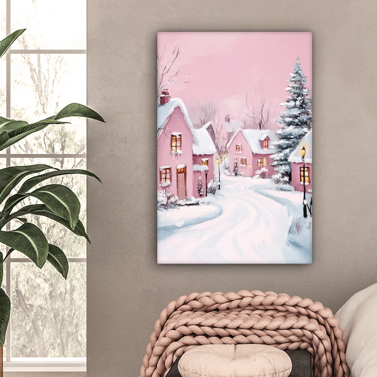 Canvas schilderij 60x90 cm - Wanddecoratie Kerstdorp - Roze - Winter - Sneeuw - Huizen - Muurdecoratie woonkamer - Slaapkamer decoratie - Kamer accessoires - Schilderijen op canvas - Kerstdecoratie voor binnen - Kerstversiering - Kerstmis versiering – foto 4