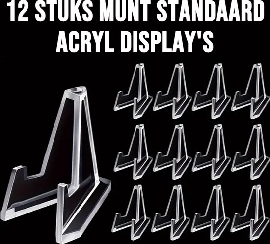 Twaalf acryl displaystandaards voor munten op zwarte achtergrond. Eén grote standaard links, elf kleinere rechts.