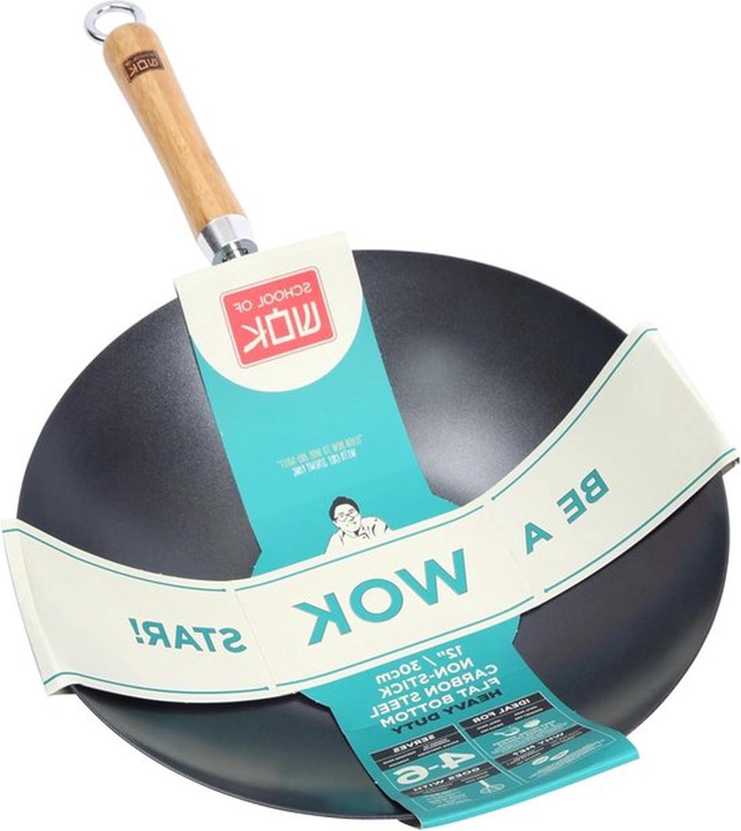 Heavy Duty Non-Stick Carbon Steel Wok Platte Bodem Bamboe Handvat - 12 inch - Duurzaam en Groot