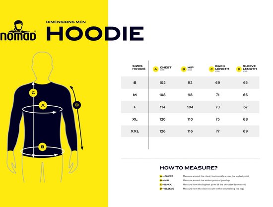 Maattabel voor Nomad herenhoodie met instructies over hoe te meten.