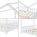 Collage de détails d'un lit maison blanc en bois : toit, barreaux et sommier à lattes.