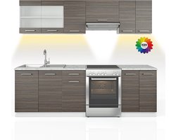 Vicco Raul Keukenblok – 240 cm, WB Marmer met LED-strip Edel grijs/wit