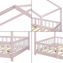 Gedetailleerde close-ups van een roze kinderhuisbedframe met witte spijlen en houten lattenbodem.