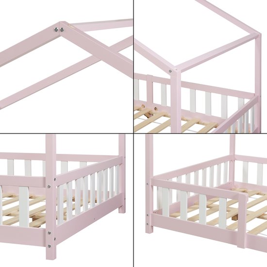 Gedetailleerde close-ups van een roze kinderhuisbedframe met witte spijlen en houten lattenbodem.
