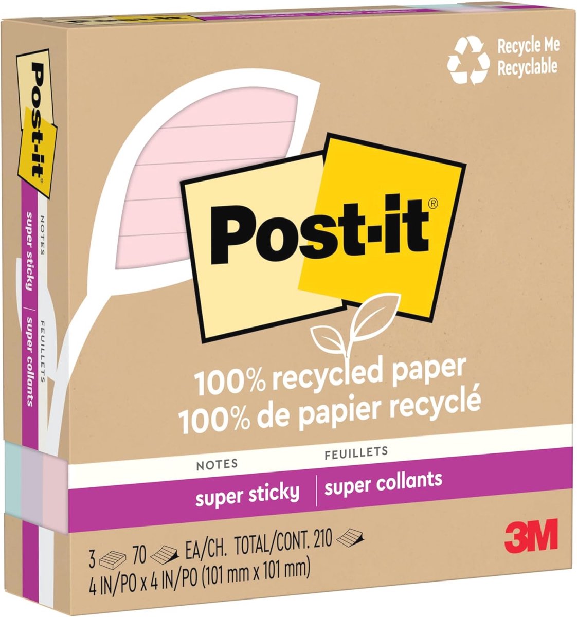 Recycled Paper Super Sticky Notes - Gevoerd, 3 Pads met 70 Vellen, 4x4 in, Wanderlust Pastels