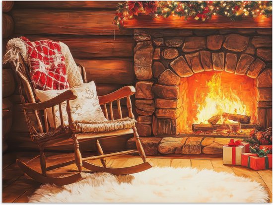 Poster 80x60 cm - Winter - Kerst - Huis - Openhaard - Posters - Kamer decoratie - Wanddecoratie woonkamer - Kerstdecoratie voor binnen - Kerstversiering - Kerstmis versiering in huis - Christmas decorations