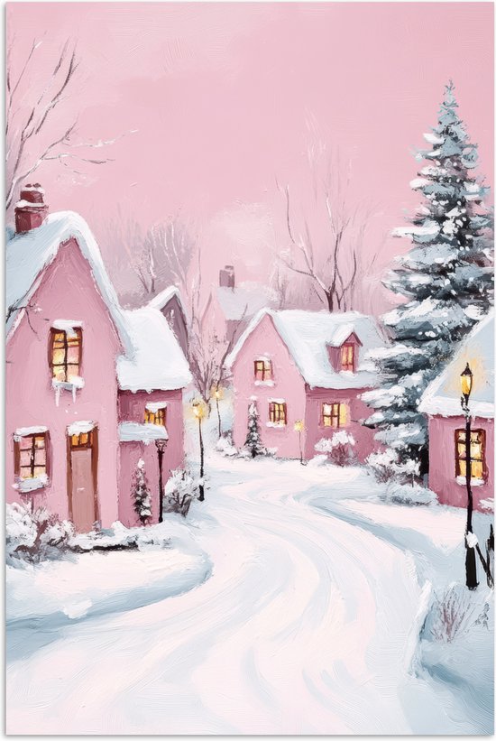 Poster 80x120 cm - Kerstdorp - Roze - Winter - Sneeuw - Huizen - Posters - Kamer decoratie - Wanddecoratie woonkamer - Kerstdecoratie voor binnen - Kerstversiering - Kerstmis versiering in huis - Kerstaccessoires