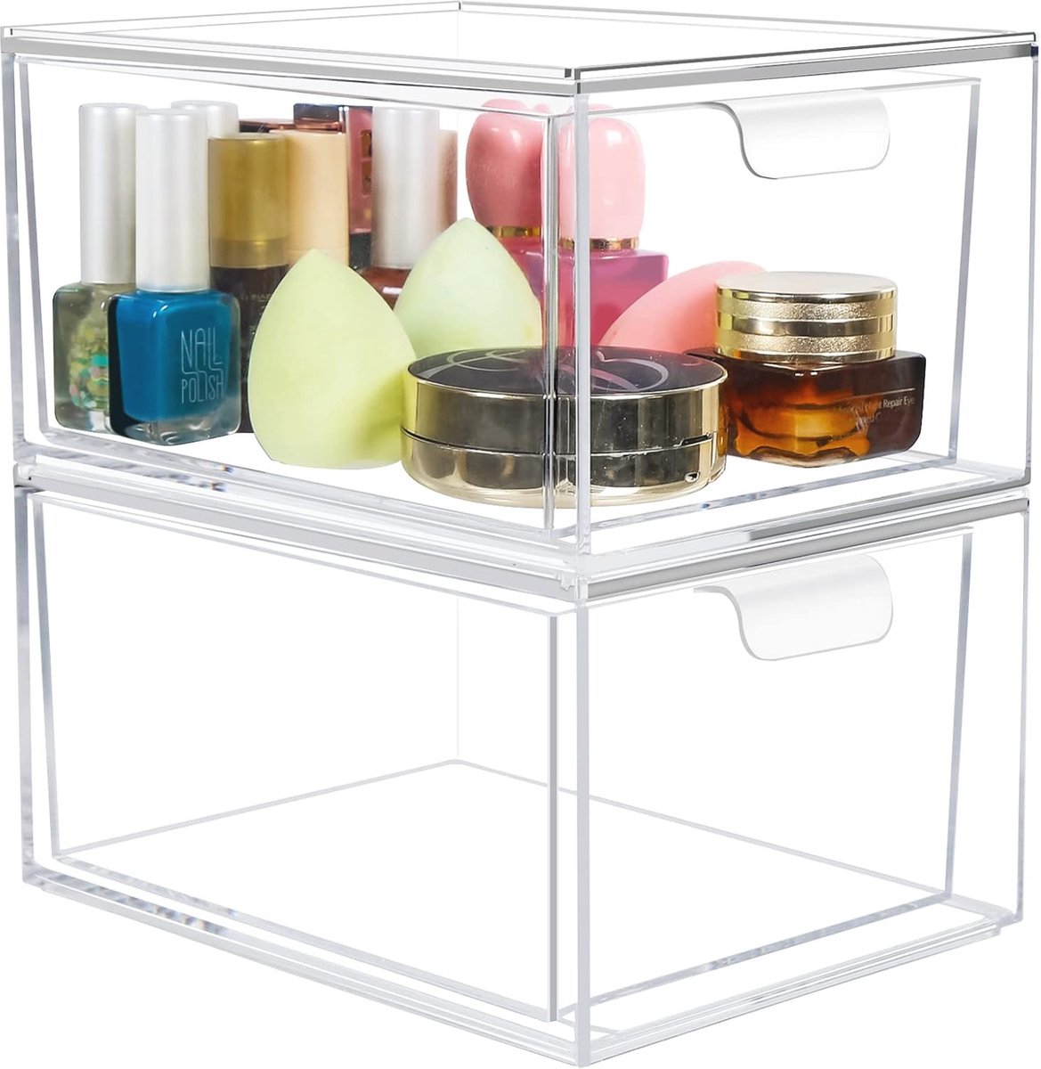 Goedkoopste Stapelbare Make-up Organizer met Doorzichtige Lades - Ideale Cosmetica Opbergoplossing voor Badkamer en Ijdelheid (Set van 2