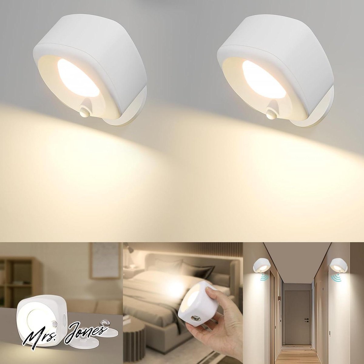 Mrs. Jones 2 stuks led wandlampen met bewegingsmelder dimbaar draadloze wandlampen draaibaar USB oplaadbaar woonkamer slaapkamer hal .