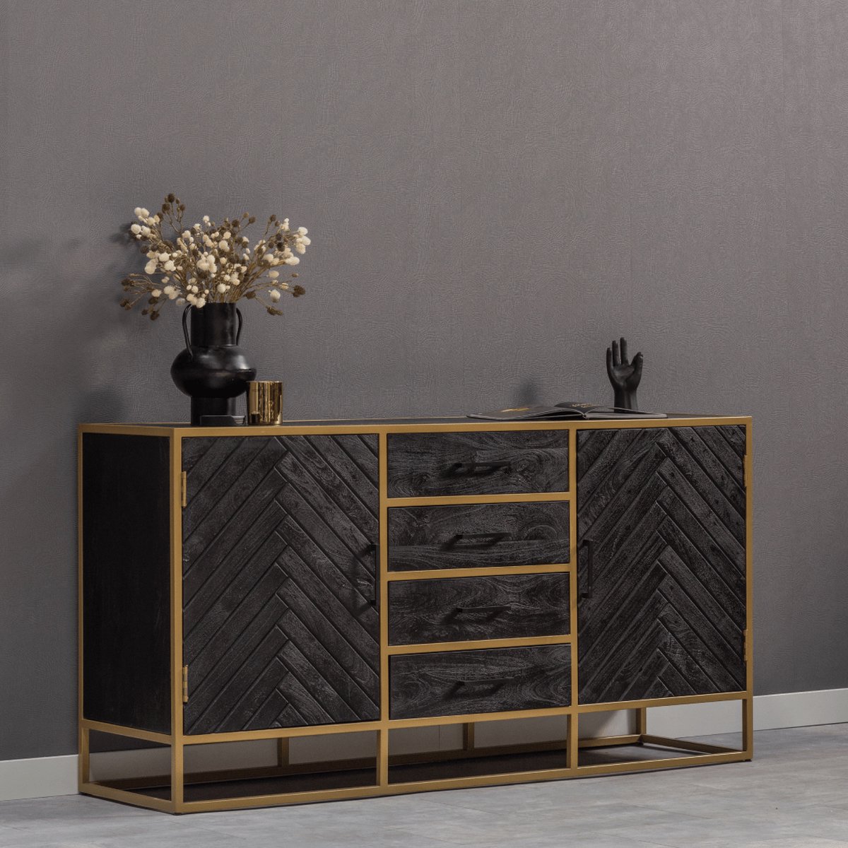 Mangohouten Dressoir Napels 210 cm Goud Mahom Industrieel - Dressoir van Mangohout & Metaal - Industriële Dressoir