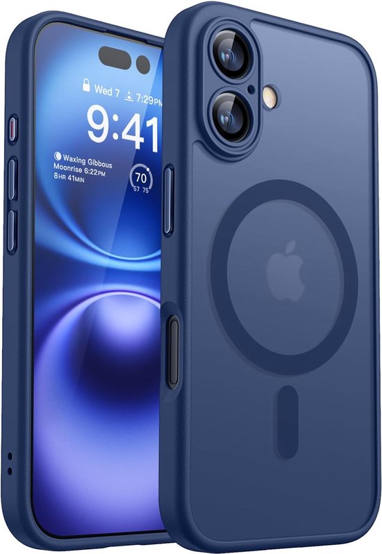 Casemania Hoesje Geschikt voor Apple iPhone 16 - Blauw - Matte Armor Back Cover met Camera Bescherming - Geschikt voor MagSafe