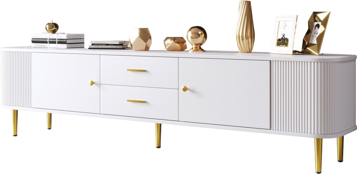 Merax TV-meubel met Lades – Wit – 170 cm – Voor 70-79 inch TV – Kast met Gouden Handgrepen