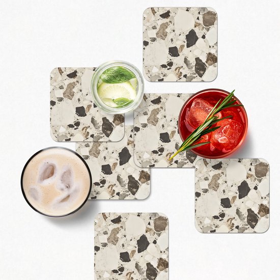 Dessous de verre Neutre - Pierres - Décoration - Terrazzo - 10x10 cm - 6 morceaux - Sous pour Verres et Tasses