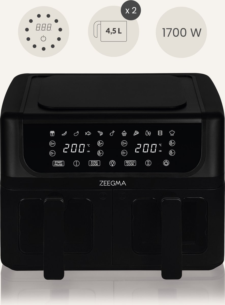 Afbeelding 2 van Zeegma Knapper Dual - Airfryer - 9L - 1700 W - 12 frituurprogramma's - Vetvrij Koken - Tefloncoating