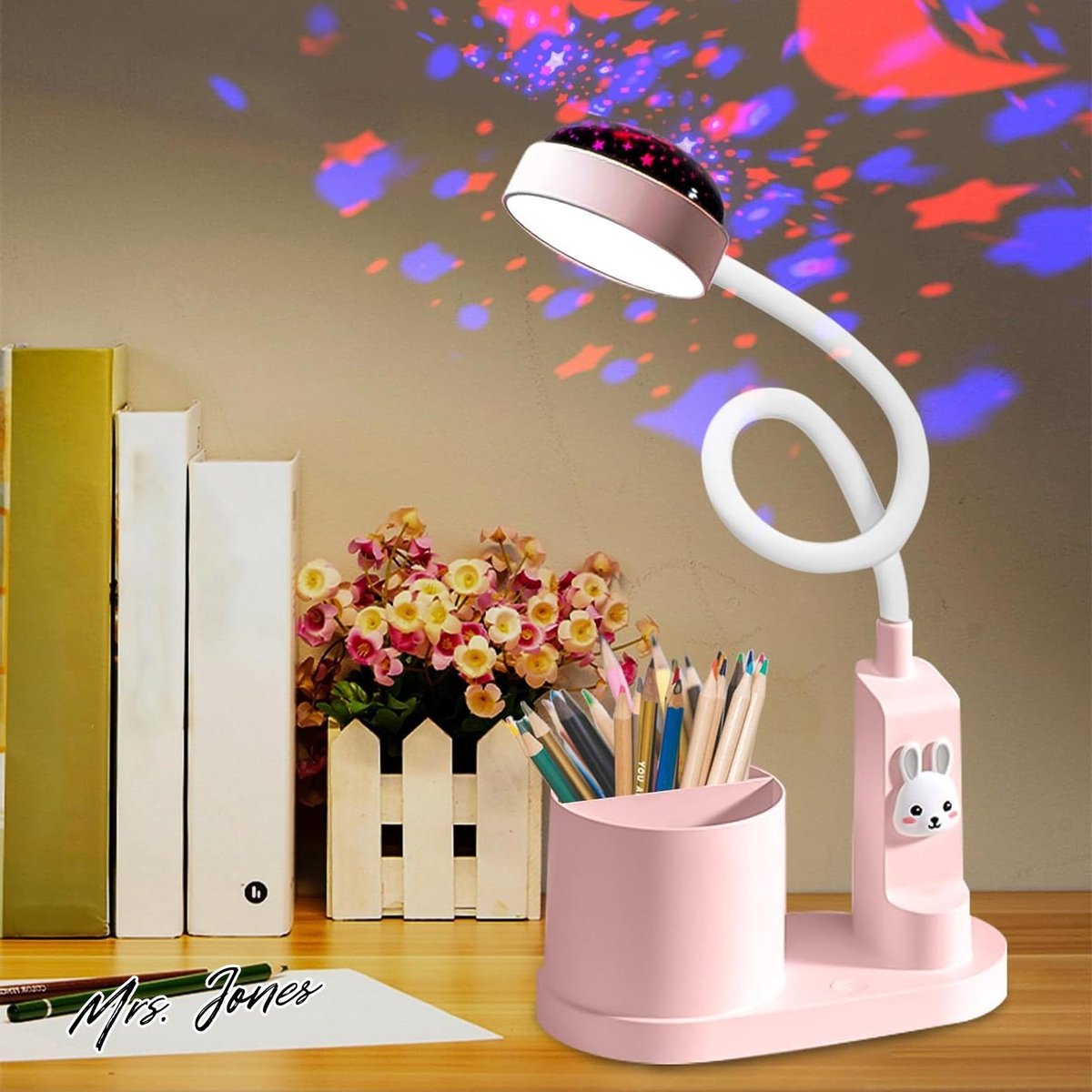 Mrs. Jones Bureaulamp voor kinderen - studielamp met sterrenhemelprojectie USB-oplaadbaar zwanenhals tafellamp dimbaar led-bedlampje tafellamp met penhouder bureaulamp led (roze) .