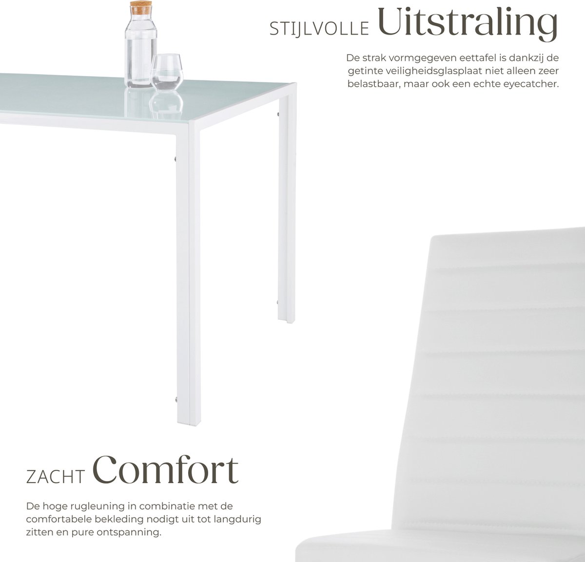 tectake® Eetkamerset met 4 Eetkamerstoelen - Eettafel met glazen blad - 120 x 70 x 75 cm - Eethoek set Tafel en Stoelen - Set van 4 Stoelen met kunstleer - Wit – foto 6