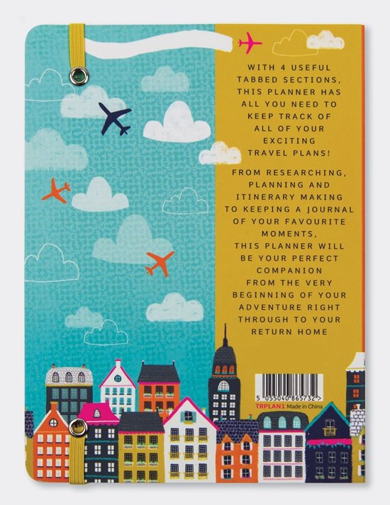 Achterkant van reisdagboek met wereldkaart, vliegtuigen, wolken en huizen. "Your perfect companion".