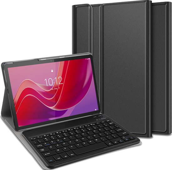Zwarte tabletcover met AZERTY toetsenbord, tablet met roze en rode achtergrond.
