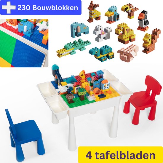 【All-in-1】Bouwtafel + 2 Stoeltjes + 60 Dieren Bouwblokken + 2 Bakjes –  60 Grote Dieren Bouwblokken – Geschikt voor Duplo
