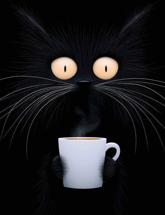 Chat noir Poster | Café Affiche | Animaux Poster | Chat Poster | Thee Affiche | Affiche mignonne | Affiche pour animaux de compagnie | Boisson Affiche | Caféine Poster | 51x71cm | Décoration murale | Affiche murale | Convient pour l'encadrement