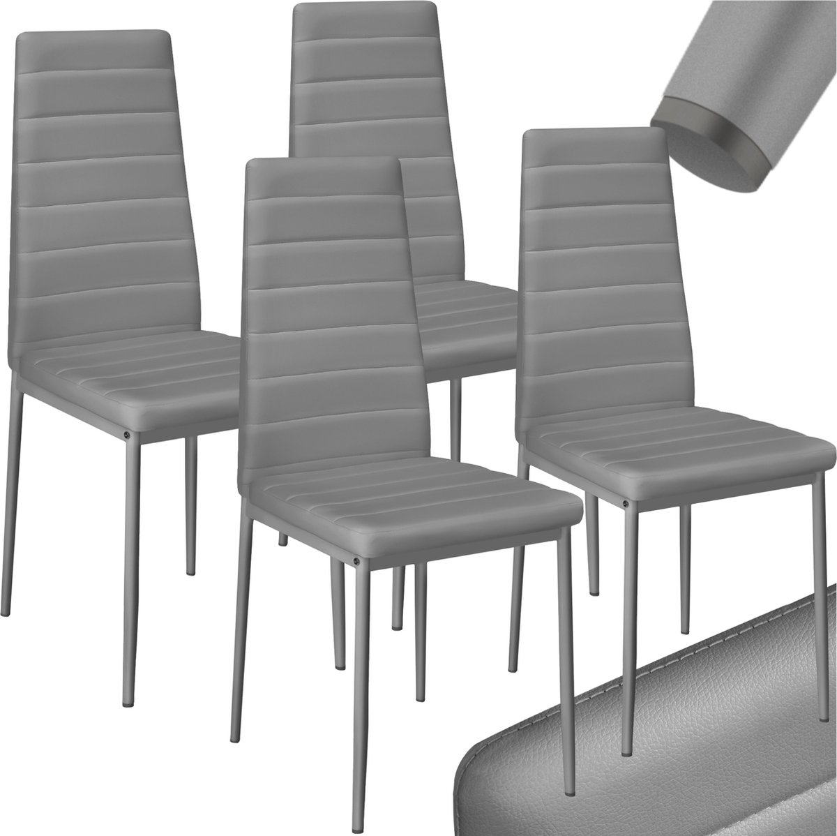 Tectake Set van eetkamerstoelen - Kunstleren stoelen met hoge rugleuning - Minimalistische, elegante stoel - Afmetingen 41x45x98,5cm - Belastbaar tot 150 kg - Set van 4 - Grijs