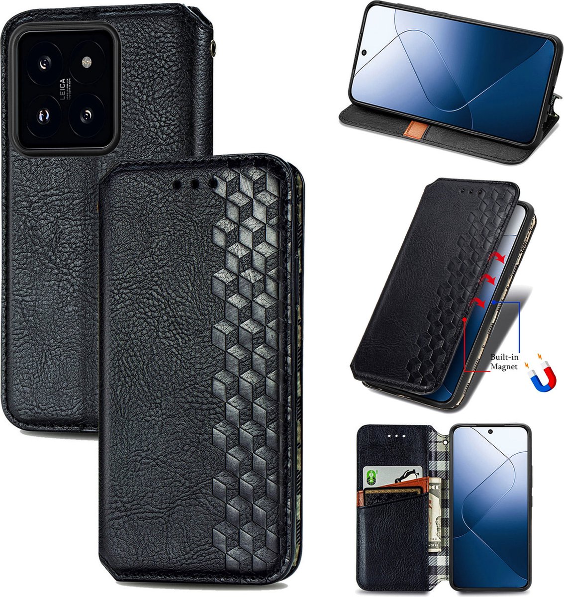 Luxe PU Lederen Ruitpatroon Wallet Case + Screenprotector voor Xiaomi 14T _ Zwart