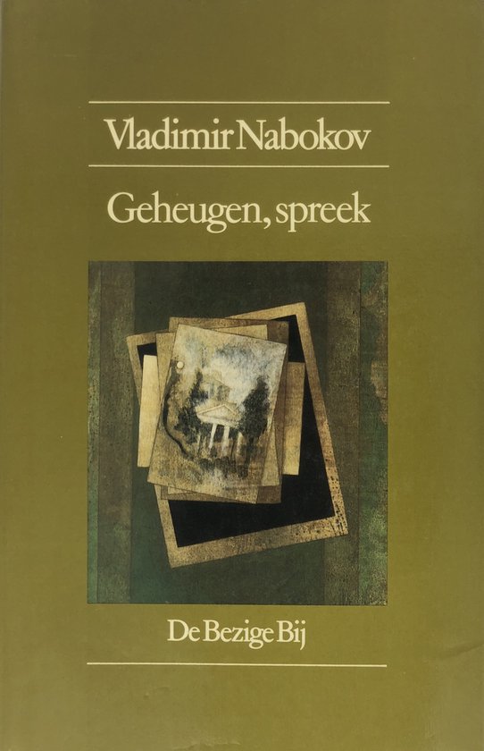 Boekcover 'Geheugen, spreek' van Vladimir Nabokov, met abstracte schilderijtjes.