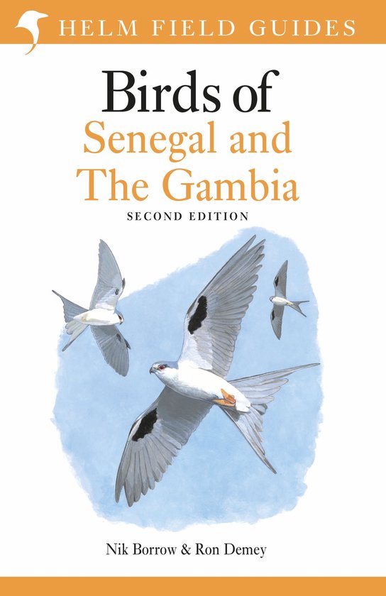Boek kaft met de titel 'Birds of Senegal and The Gambia'. Drie witte vogels met zwarte accenten vliegen tegen een blauwe achtergrond.