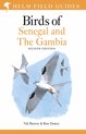 Boek kaft met de titel 'Birds of Senegal and The Gambia'. Drie witte vogels met zwarte accenten vliegen tegen een blauwe achtergrond.