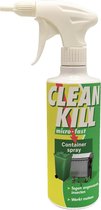 Clean Kill micro-fast container spray met afbeeldingen van een groene en grijze container.