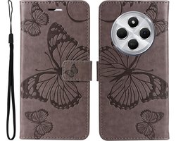 Coverup Hoesje - Geschikt voor Xiaomi Redmi 14C Hoesje - Coverup Vlinders Book Case - Taupe Grijs