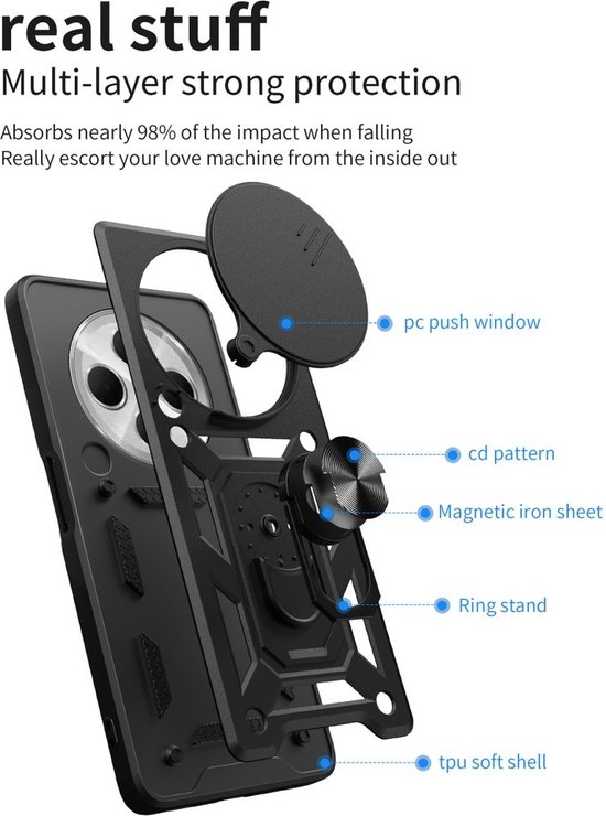 Coverup Case - Convient pour Xiaomi Redmi 14C Case - Coverup Ring Kickstand Back Cover avec Camera Shield - Zwart