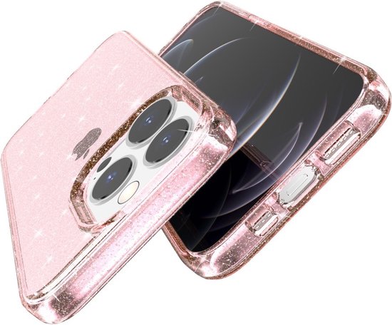 Coque de téléphone rose pailletée avec logo Apple, vue en biais par le dessus avec le téléphone inséré.