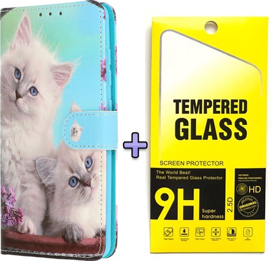 Portemonnee telefoonhoesje met kattenprint, plus een verpakking gehard glazen screenprotector.