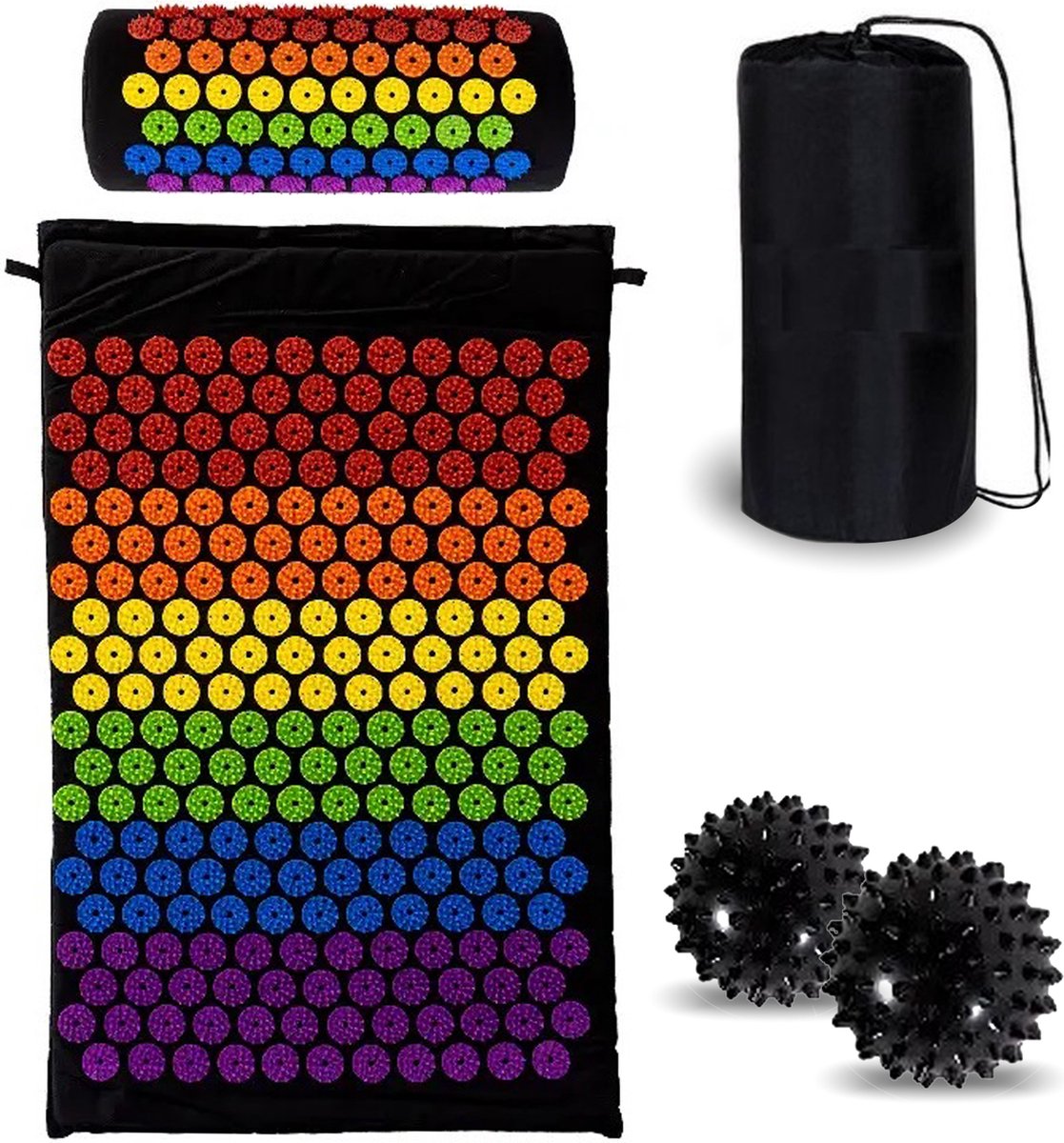 Goedkoopste Acupressuur mat met spijkerkussen - Spijkermat met kussen Incl. 2x Triggerpoint ballen & draagtas - 65x40x2cm - Shakti mat - chakra kleuren