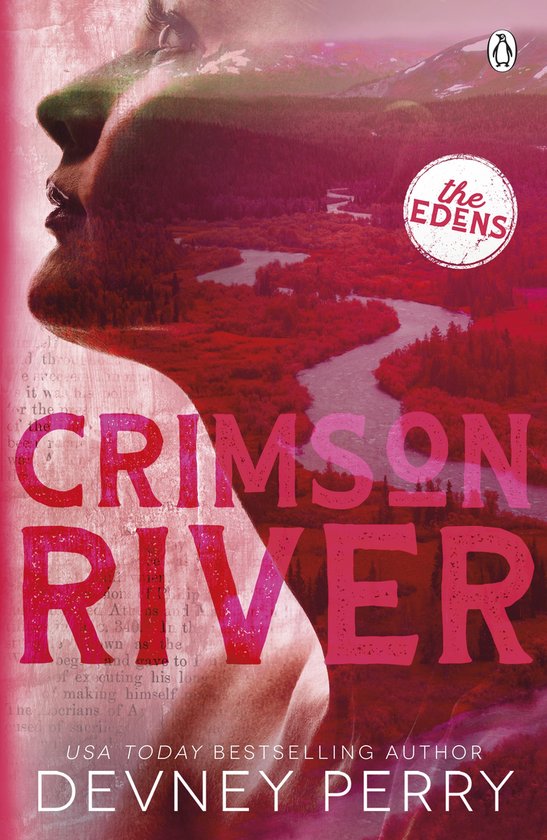 Double exposition d'un visage de femme et d'une rivière rouge, avec le texte 'CRIMSON RIVER'.