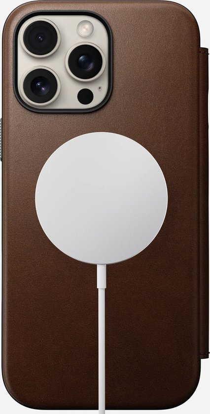 Coque Nomad adaptée à Apple iPhone 16 Pro Max | Folio en cuir moderne | Compatible avec MagSafe et le chargement sans fil | Book Case avec porte-cartes | Cuir véritable | Marron