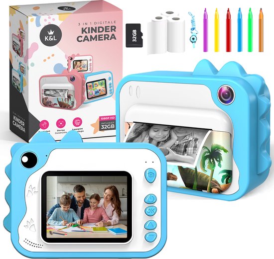 K&L® 3 IN 1 Digitale Kindercamera + Instant print + speelcamera - 32GB micro sd kaart - camera kinderen - Vlogcamera met games - Fototoestel voor Kinderen - Klein Formaat Speelgoed - Met videofunctie - Blauw