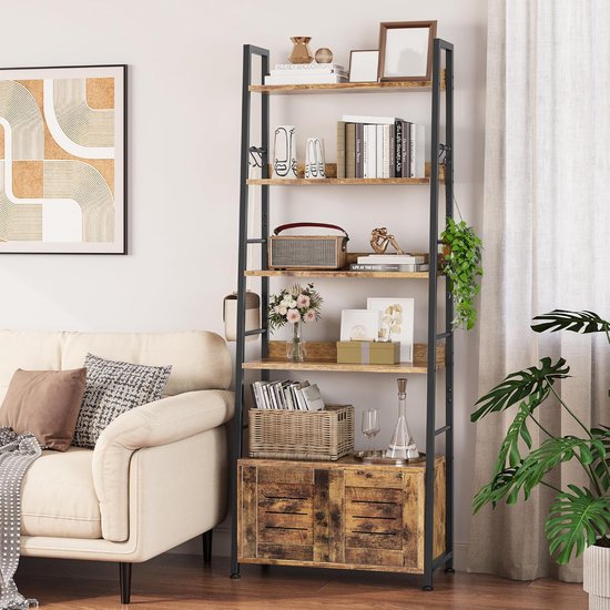 WOLTU Boekenkast, boekenkast met 5 niveaus, metalen rek, opbergrekken voor werkkamer, woonkamer en keuken, metalen frame, wit licht eiken, 64 x 36 x 171 cm