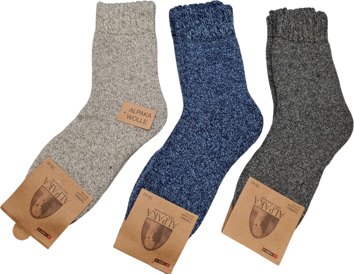 Alpaca Wollen Sokken- Huissokken - Wintersokken - Thermosokken - 3Pack - LGrijs Blauw Grijs - 35 t/m 38