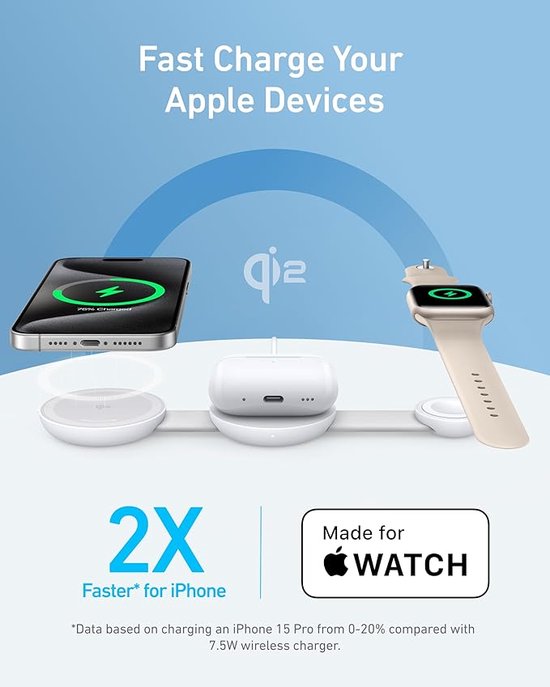 Anker Charging MagGo 3-in-1 Vouwbare Draadloze Snellader - 15W - Qi2-gecertificeerd - Opvouwbaar en Draagbaar - wit van Anker — afbeelding 3