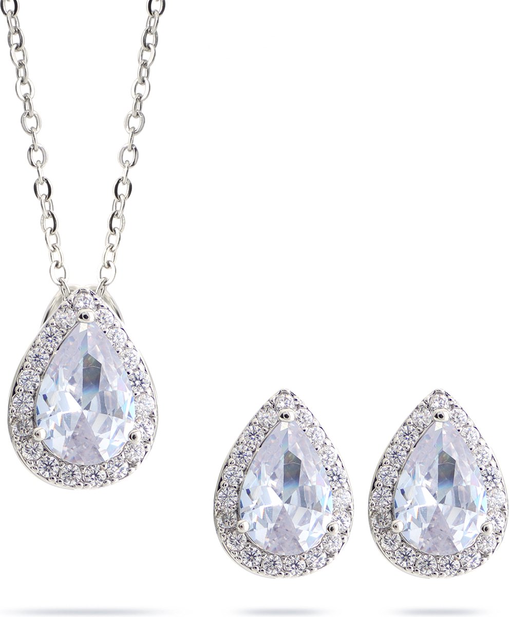Juwelium Druppel Ketting en Oorbellen Set Verstelbaar 40 tot 45 cm met Aqua Blauw Zirkonia Kristallen in Luxe Sieradendoos met Rozen – Perfect Cadeau voor Vrouw, Vriendin, Moeder, Dochter