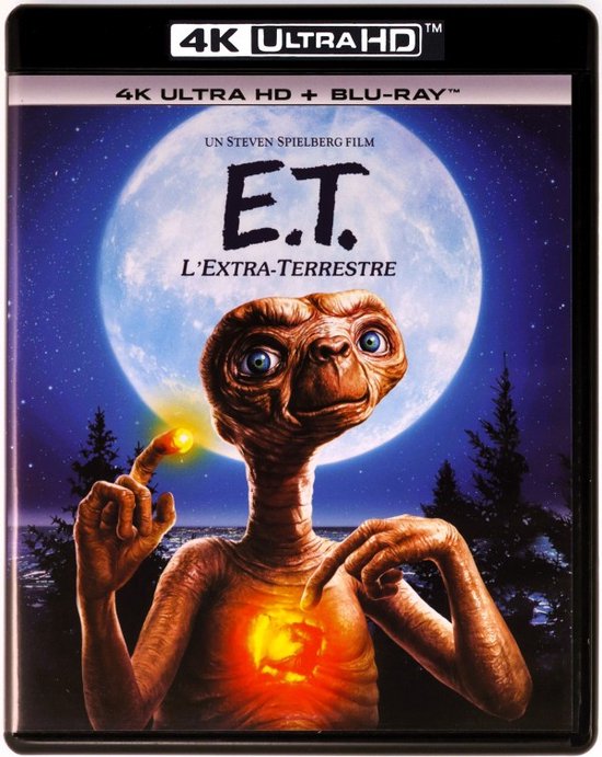 Voorkant van de 4K Ultra HD Blu-ray hoes van E.T. met E.T. voor een volle maan en zijn oplichtende vinger.